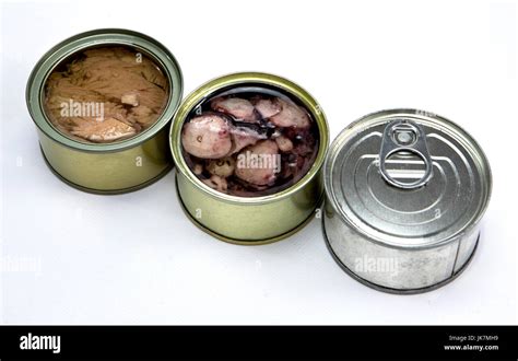 Tins of different sizes, tuna in oil, octopus in vegetable oil and a tin closed Stock Photo - Alamy