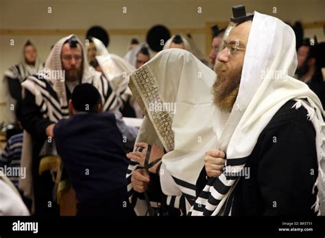 Orthodox Jewish men belonging the Bobov Hasidism during Morning Prayer inside a Stamford Hill ...