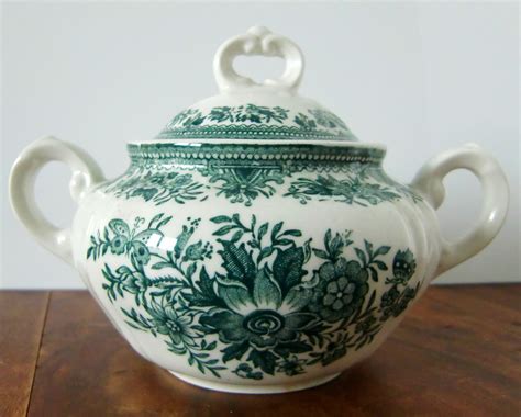 Vintage Sugar Bowl Green and White Porcelain VILLEROY