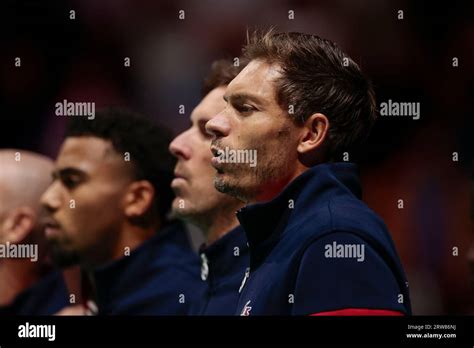 Nicolas Mahut (FRA) sings the French National Anthem ahead of the Davis ...