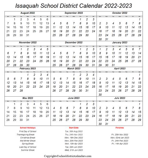 Issaquah School District Calendar 2022-2023 With Holidays in PDF