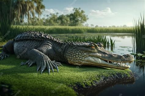 Premium Photo | Alligator animal river site on grass beside lake ...