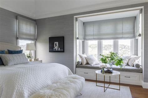 White and Platinum Gray Master Bedroom with Window Seat Nook - Transitional - Bedroom