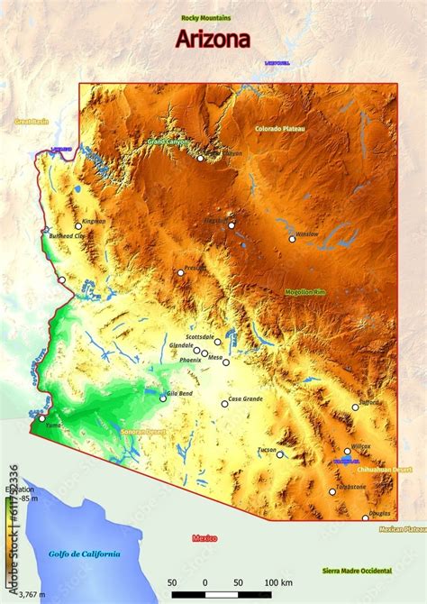 Physical map of Arizona with mountains, plains, bridges, rivers, lakes ...