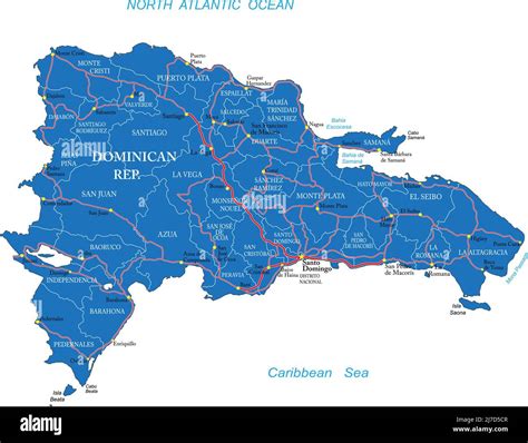 Highly detailed vector map of Dominican Republic with administrative regions, main cities and ...