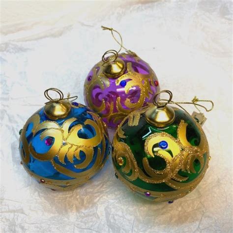 JC Penney | Holiday | Blue Green Purple W Gold Decor Glass Ball Christmas Ornaments Set Of 3 ...