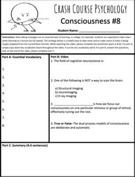 Consciousness: Crash Course Psychology #8 by William Pulgarin | TpT