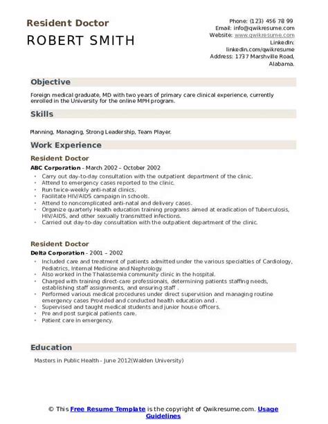 Resident Doctor Resume Samples | QwikResume