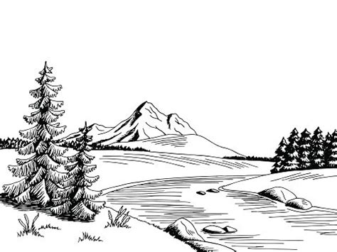 Mountain River Graphic Art Black White Landscape Sketch Illustration ...