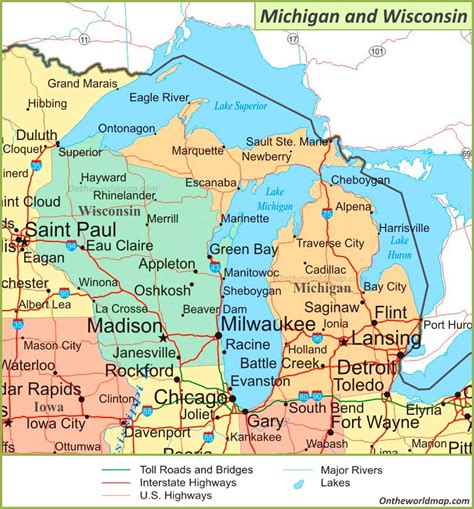 Map of Michigan and Wisconsin - Ontheworldmap.com