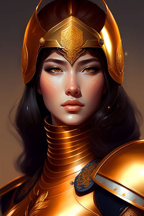 Lexica - Portrait of a female knight, golden and copper heavy armor, in the void, short, fantasy ...