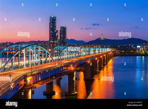 Korea,Seoul at night, South Korea city skyline at Dongjak Bridge Han ...