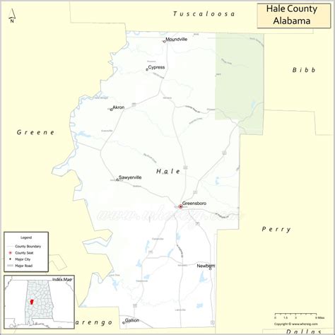 Map of Hale County, Alabama showing cities, highways & important places ...