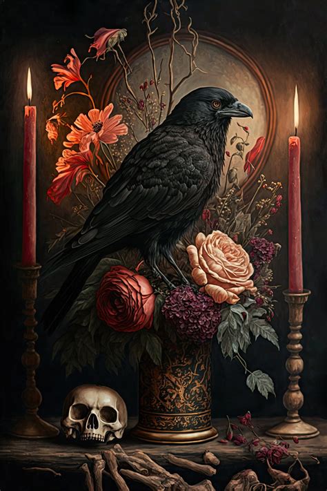 Gothic Crow, Raven, Skull, Flowers & Candles / Poster, Print, Wall Art ...