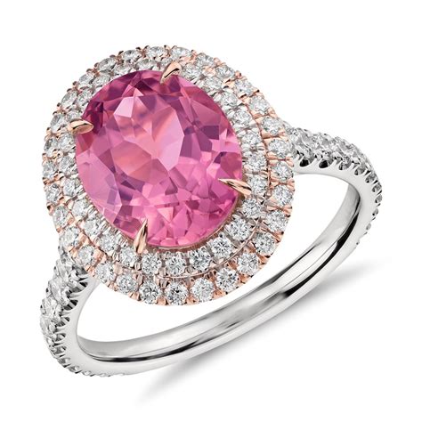 Pink Tourmaline and Double Halo Pavé Diamond Ring in 18k White and Rose ...