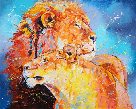 COUPLE OF LIONS - abstract art oil painting, original gift, lion head ...