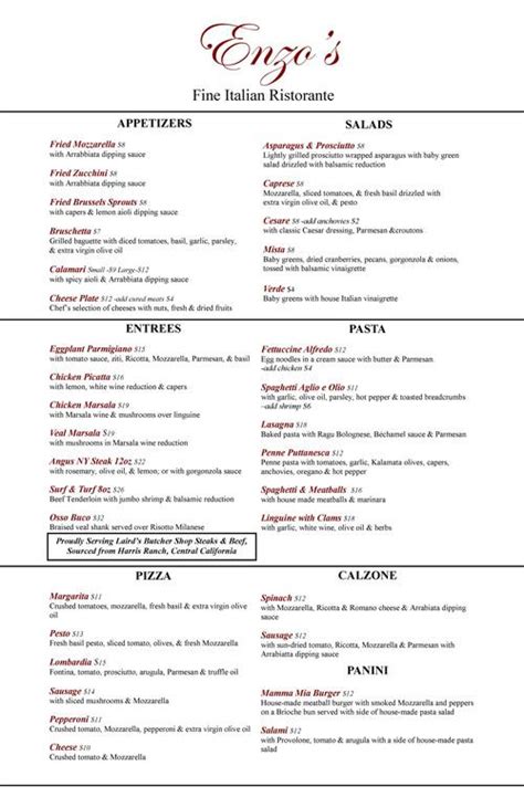 Enzo's Italian Restaurant menu in Santa Paula, California, USA