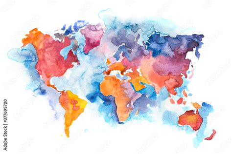 Map of the world with oceans and seas. Watercolor hand drawn Stock Illustration | Adobe Stock