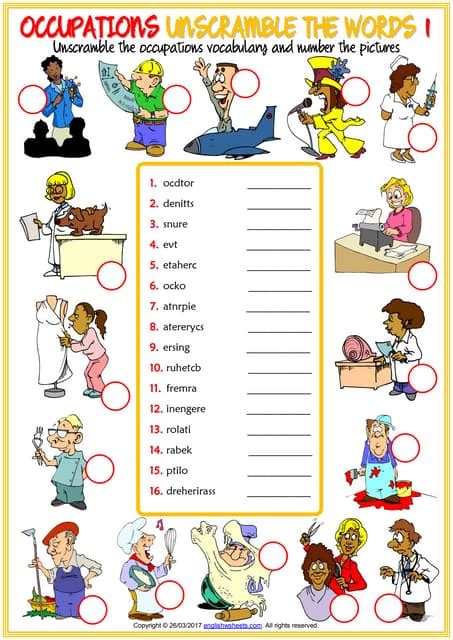 Occupations vocabulary esl unscramble the words worksheets for kids | PDF