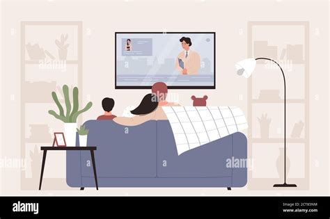 Family people watching tv vector illustration. Cartoon flat mother, father and kids characters ...