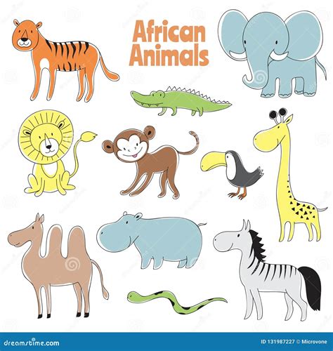 Doodle Animals. African Baby Animal Lion, Monkey and Crocodile, Elephant and Giraffe, Zebra and ...