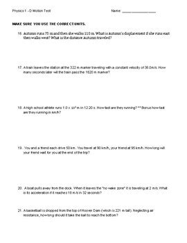 One Dimensional Kinematics Test by CreekTeach | TPT