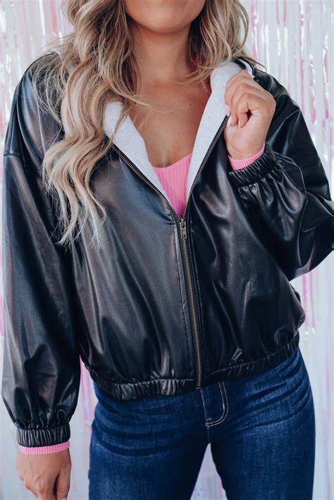 Cunningham Faux Leather Bomber Jacket - Black – Whiskey Darling Boutique