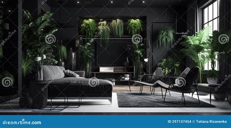 Interior of Living Room in Black Colors with Many Green Decorative ...