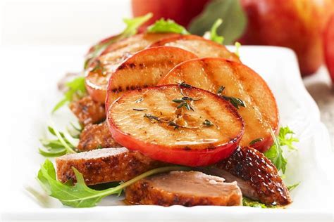 Crispy-skin duck with chargrilled apples