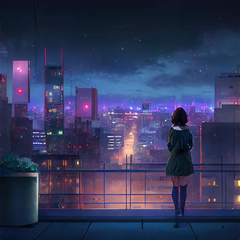 Premium Photo | Cute Anime woman looking at the cityscape by night time ...