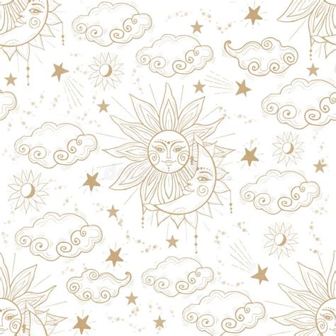 Celestial Seamless Pattern Background with Sun, Moon, Stars and Clouds on Space, Golden Universe ...