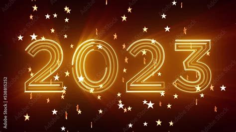 Text 2023 gold animation with stars sparkle, light Isolated on black background, 2023 new year ...