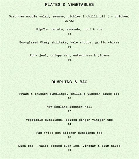 Menu at Supernormal restaurant, Melbourne