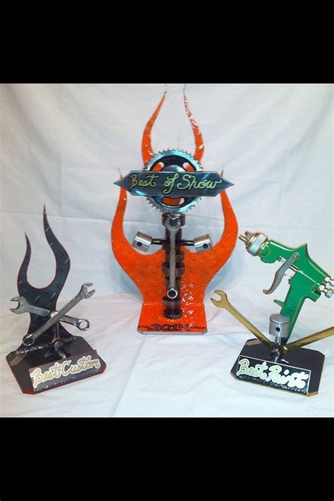 Custom trophies I made for a local bike show | Car part art, Scrap metal art, Custom trophies