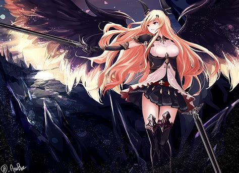 Anime girls, sword, Shingeki no Bahamut, wings, horns, anime, Dark ...