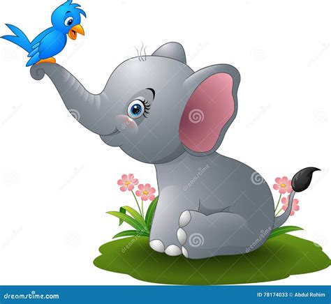 Cartoon Baby Elephant Playing with Blue Bird Stock Vector - Illustration of friend, bird: 78174033