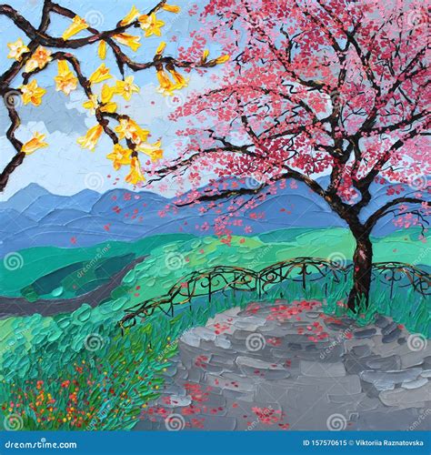 Sakura Blossom Oil Painting Landscape, Tree Japan Stock Illustration - Illustration of country ...