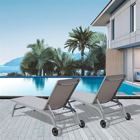 Set of 2 Lounge Chairs for Outside with Wheels 5 Adjustable Position ...