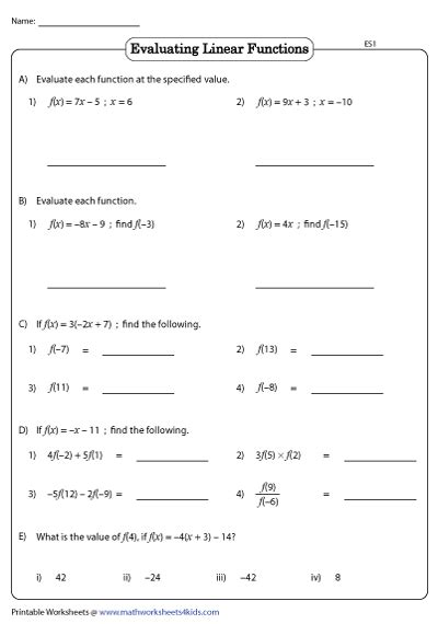 Evaluating Linear Functions Worksheets