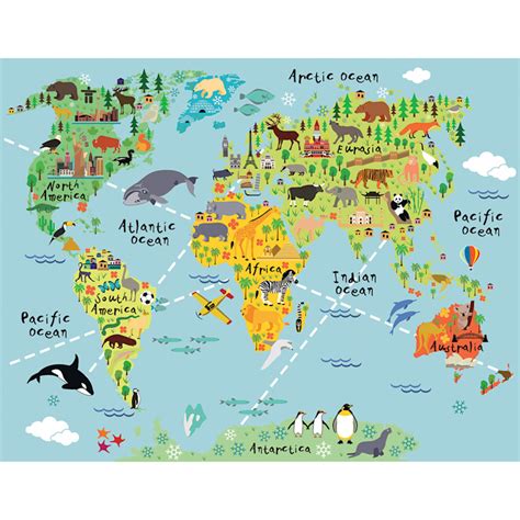 Children's Animal World Map Canvas Wall Art, 24x30