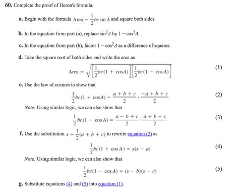 Solved 60. Complete the proof of Heron's formula a. Begin | Chegg.com