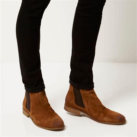 River Island Tan Brown Suede Ruched Chelsea Boots in Brown for Men - Lyst