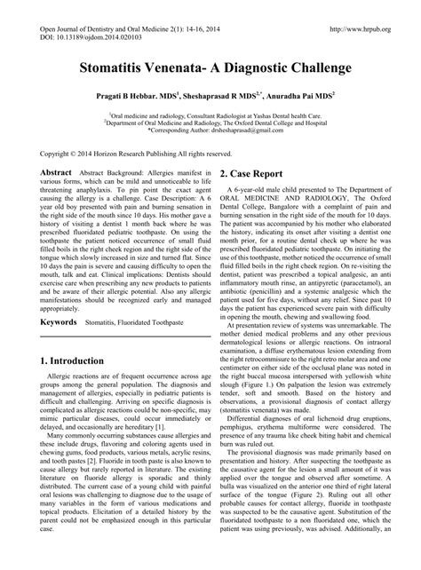 (PDF) Stomatitis Venenata- A Diagnostic Challenge