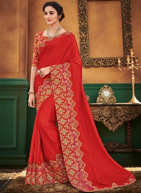 Buy Red Embroidered Saree, Embroidered, sari Online Shopping | SASBHLMG20070