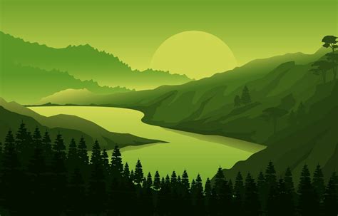 Sunrise Over Mountain Forest Landscape Illustration 2038209 Vector Art ...