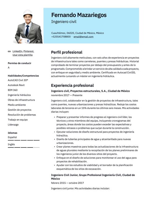 Currículum para Ingeniero civil - 18 plantillas - Crea tu CV GRATIS