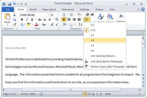 MS Word 2010: Double space text