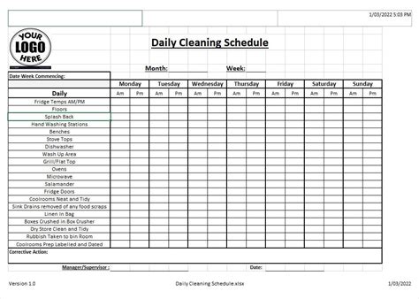 Haccp Cleaning Schedule Template