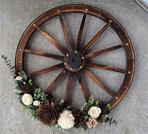 Rustic Wagon Wheel with Wood Flowers. 2' Preserved and | Etsy | Wheel ...