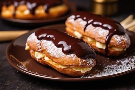 Premium AI Image | Chocolate eclairs with a creamy filling Traditional French pastry dessert